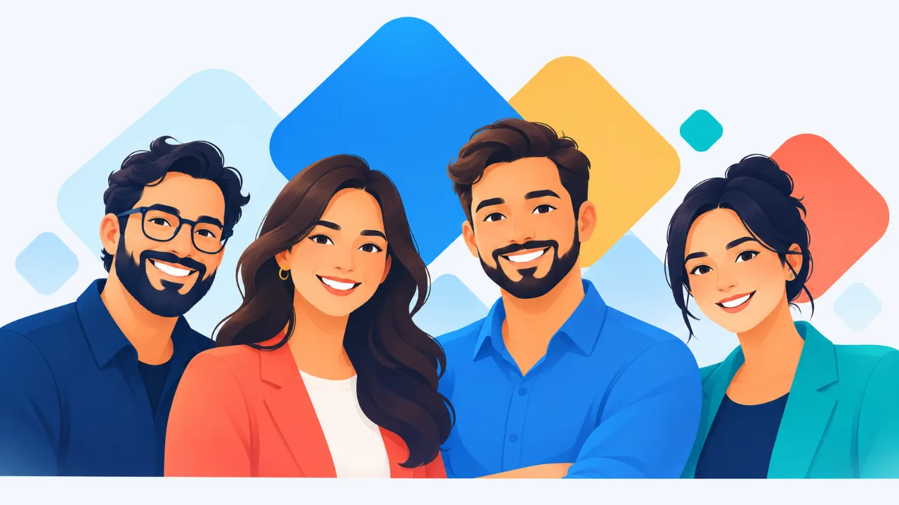 Ilustración de cuatro personas del equipo una al lado de la otra
